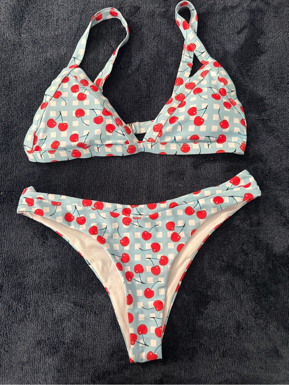 Cherry Print Bikini Set in Light Blue and Red